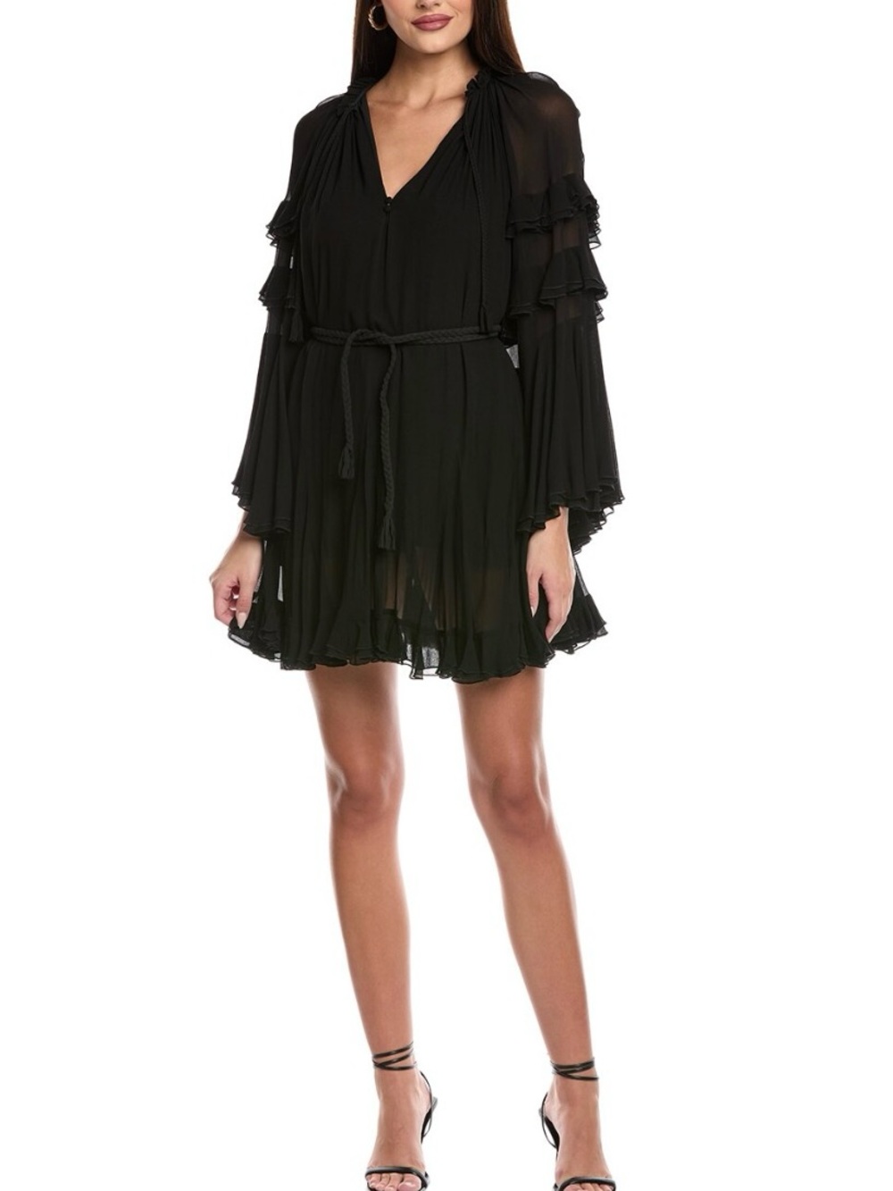 Alice + Olivia Black Ruffled Bell-Sleeve Mini Dress
